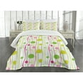 thumbnail image 3 of Ambesonne Green Pink Quilted Bedspread Set 3 Pcs, Doodle Stripes Dots, Queen Size, Green Pink White, 3 of 5