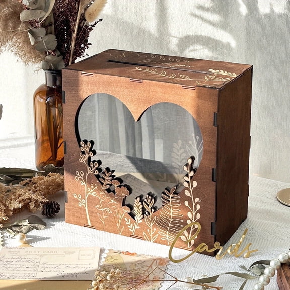Wood Wedding Card Box with Lid - Rustic Lap-Fillable Money & Guest Card Holder, Decorative Gift Box with Heart Cutout-like Slot &Leaf Pattern for Weddings,  Graduations- Elegant Table Centerpiece