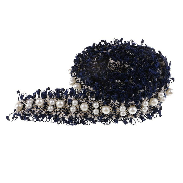 jifeng 1 Yard Pearl Beaded Ribbon Lace Trim Sewing on Clothing Decoration Dark blue