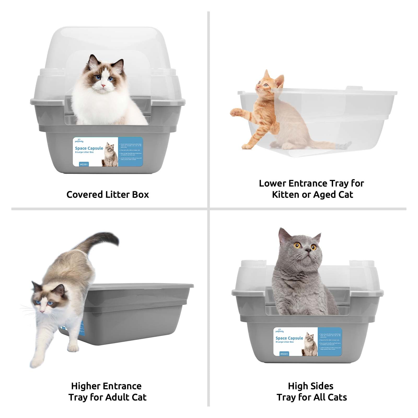 Petfamily Extra Large Cat Litter Box, Color Grey, Jumbo Hooded, 21.50 x 17.90 x 17.25 in