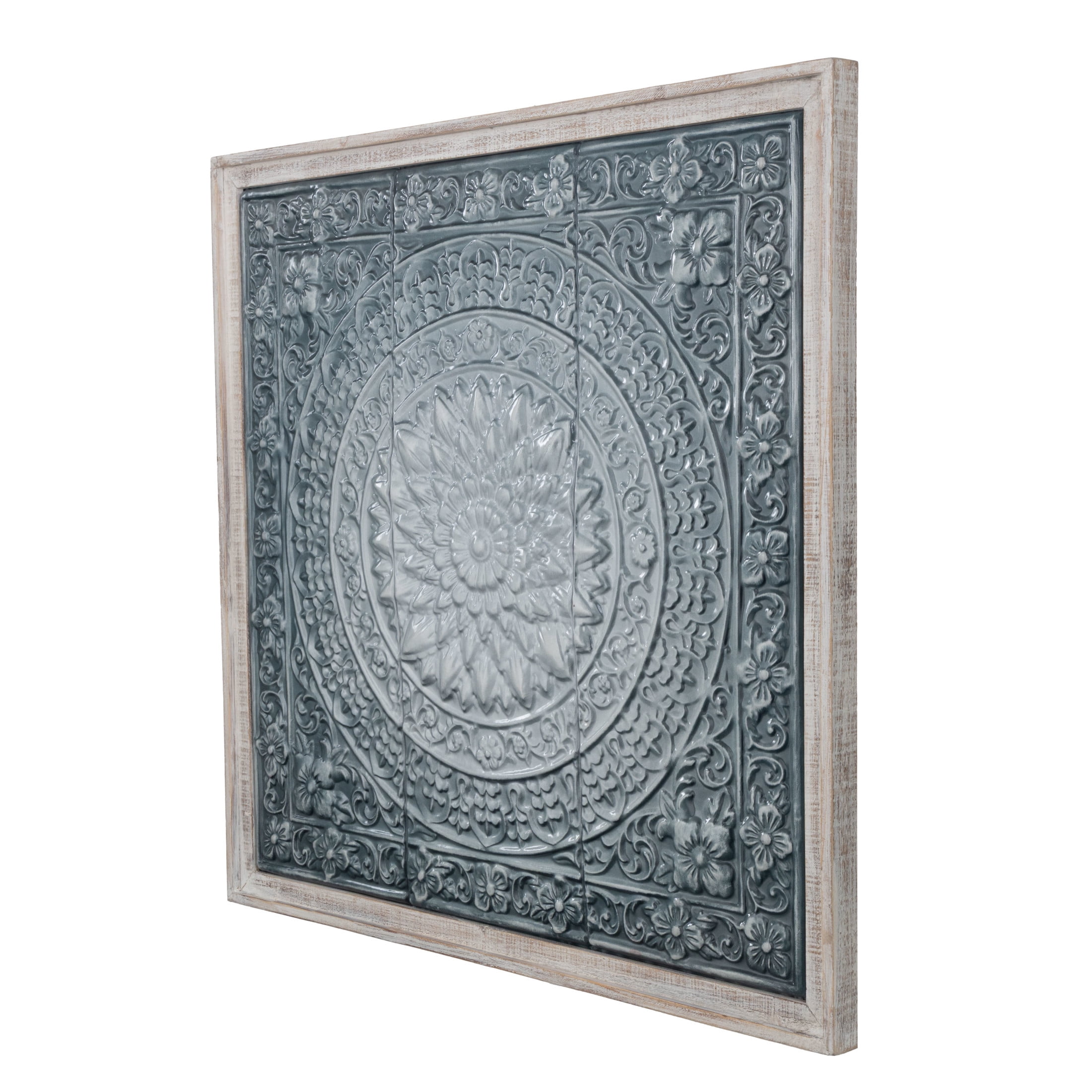 DecMode Metal Farmhouse Carved / Scrollwork Detailed Floral Wall Decor 33"W x 34"H, Washed Blue / Turqoise Finish with White Wooden Frame