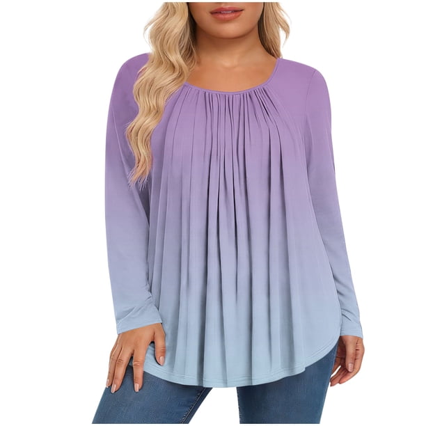 Mujeres de Manga Larga Tops Casual de Moda Gradiente Impresión Cuello Redondo Plegado Tamaño Superior para Uso Diario Y de Fiesta
