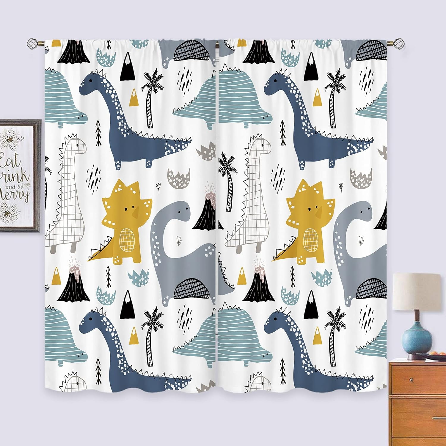 Dinosaur Curtains 42Wx63L Inch Rod Pocket Kids Cartoon Dino Baby Boys Bedroom Decor Nursery Children Cute Navy Blue Safari Animal Art Printed Living Room Playroom Window Drapes Fabric 2 Panel