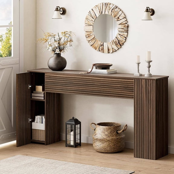 61" Fluted Wooden Console Table with 2 Hidden Storage Cabinets, Narrow Sofa Table for Living Room, Entryway, Hallway, Foyer