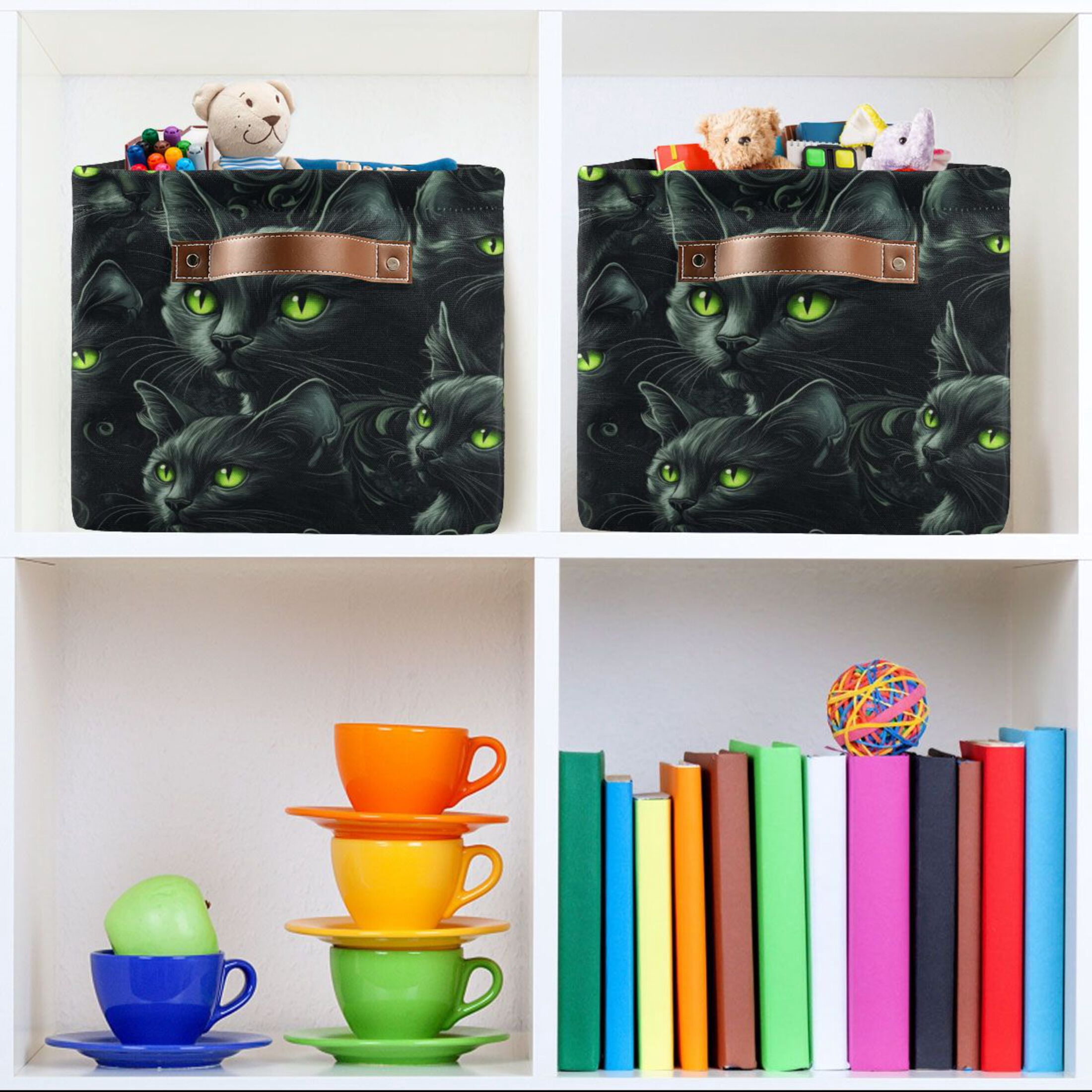 WOBOGO Dark Pattern with Black Cats Square Storage Basket with Waterproof Canvas and PE Lining Durable PU Leather Handles 14.2×10.2×8.3in