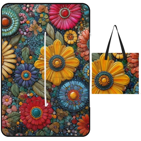 Vibrant Floral Mosaic Colorful Artwork Waterproof Picnic Blanket with Foldable Zipper, Suitable for Outdoor Use, Suitable for Travel, Camping, Beaches, Parks, Grasslands, Picnic Blanket Accessories