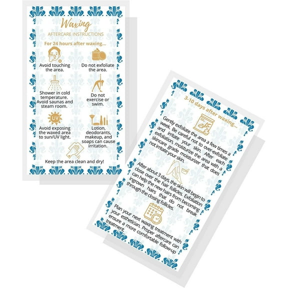 Waxing Aftercare Cards  50 Pack  Size 2 x 3.5 inches Business Card Size  Waxing Aftercare Kit Cards PMU  Aftercare Instructions Blue Fleur with Gold Design