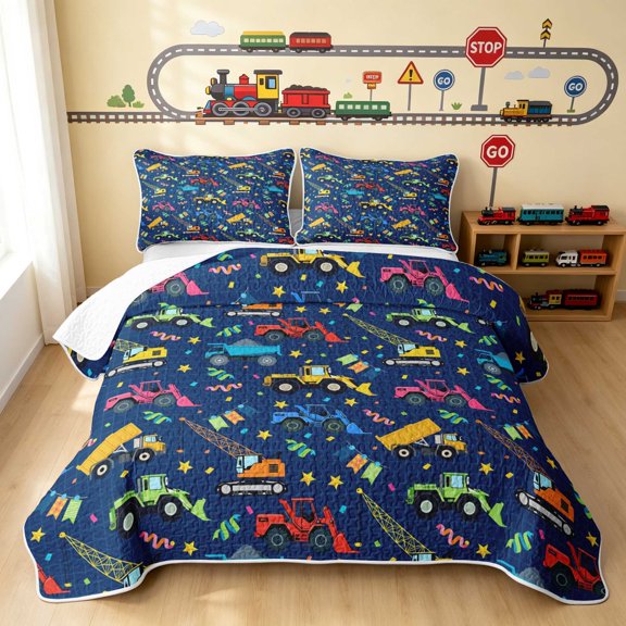 Erosebridal Construction Vehicle Twin Quilt Set, Excavator Twin Coverlet Set, Navy Blue 2 Pieces 1 Bedspread and 1 Pillowcase