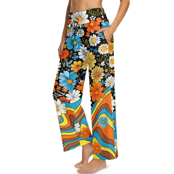 Psesaysky Colorful Daisy Print Wide Leg Women's Lounge Pants Lightweight High Waisted Flowy Yoga Elastic Casual Outfits Trousers with Pockets, Size S