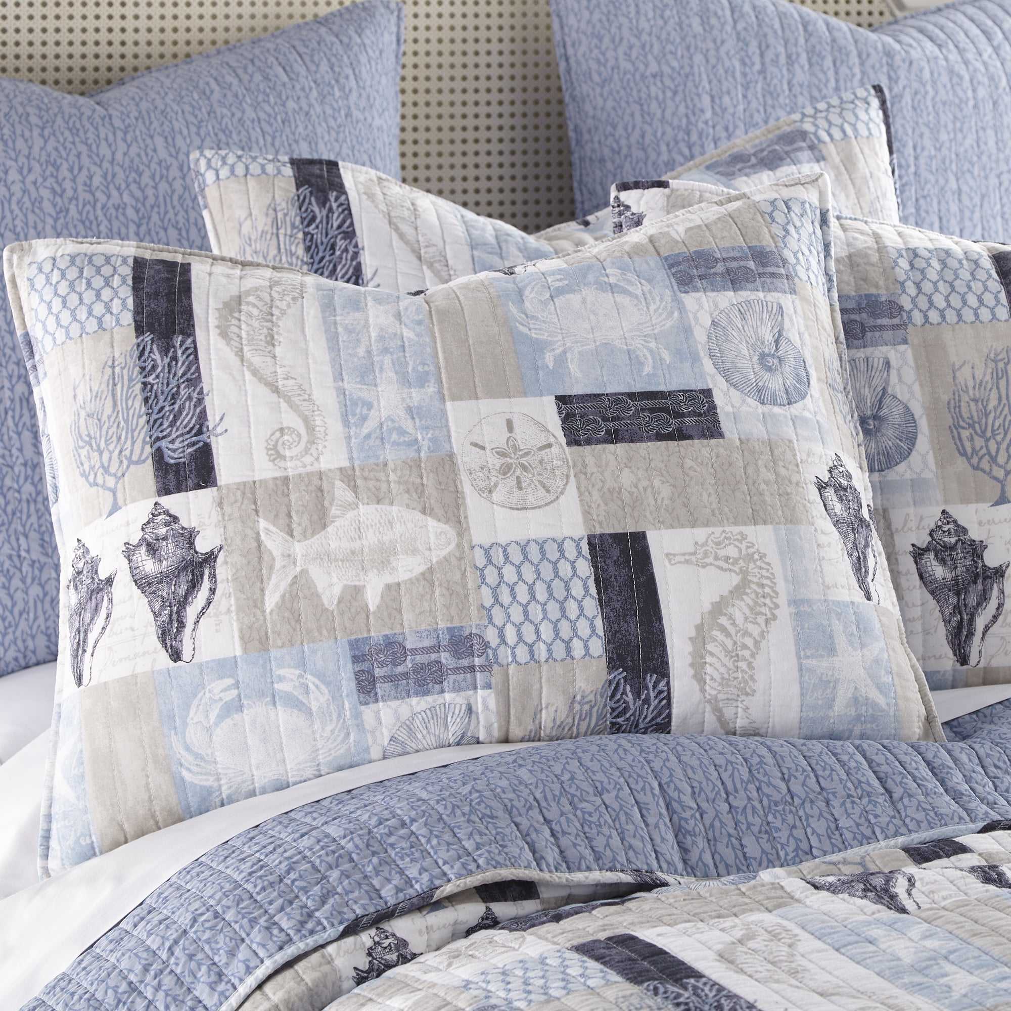Levtex Home - Cerralvo Full/Queen Quilt Set - Coastal Patchwork - Taupe, Cream, Navy, and Blue - Quilt Set Size 88x92in. and two Shams size 20x26in. - Reversible - Cotton Fabric