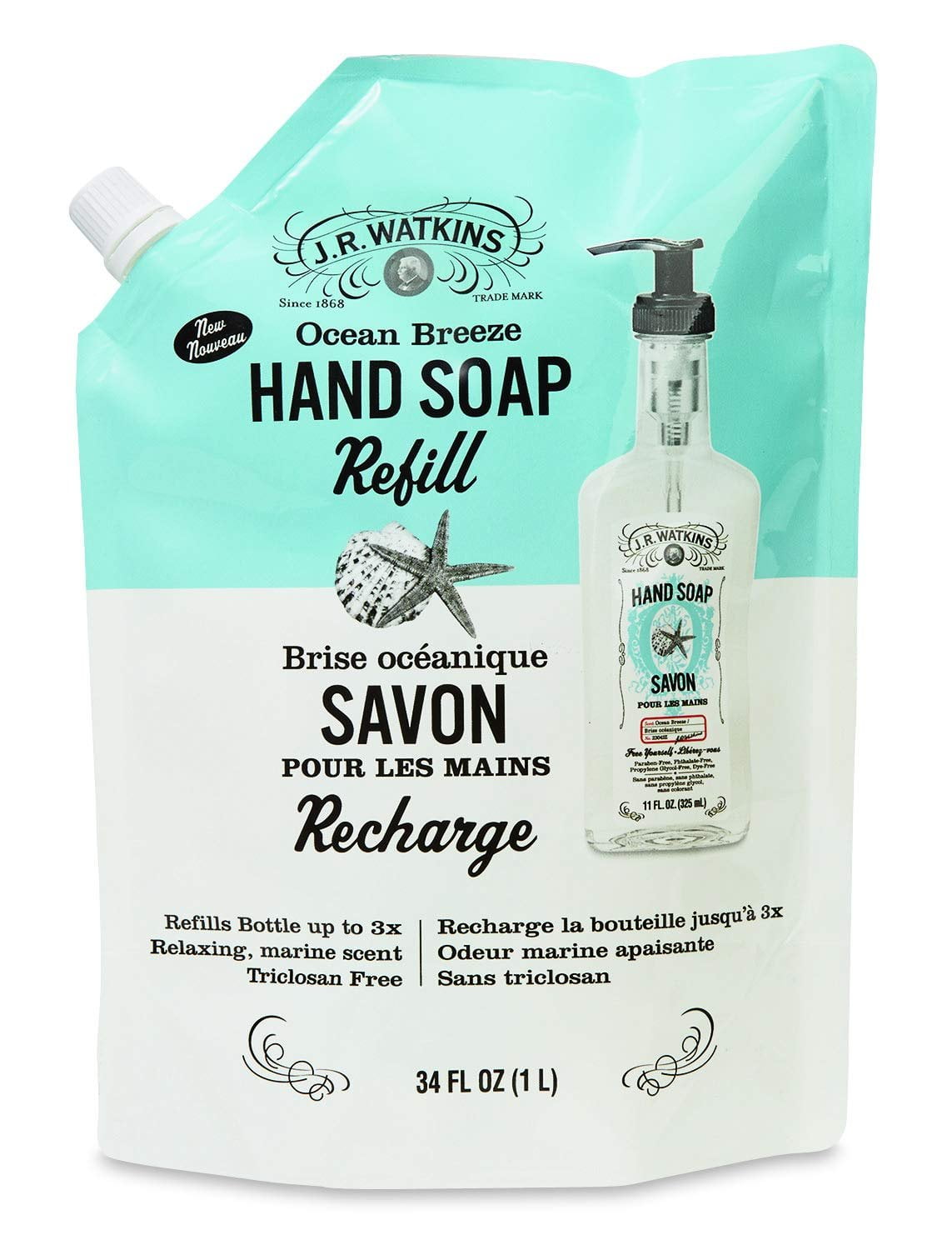 J.R. WATKINS OCEAN BREEZE HAND SOAP REFILL POUCH 34oz/1 Liter