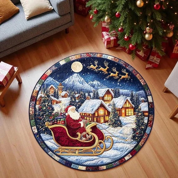 3D Christmas Santa Illusion Round Rug, 31.5in Non Slip Polyester Holiday Carpet, Spooky Holiday Decor Mat for Porch Door Indoor Outdoor