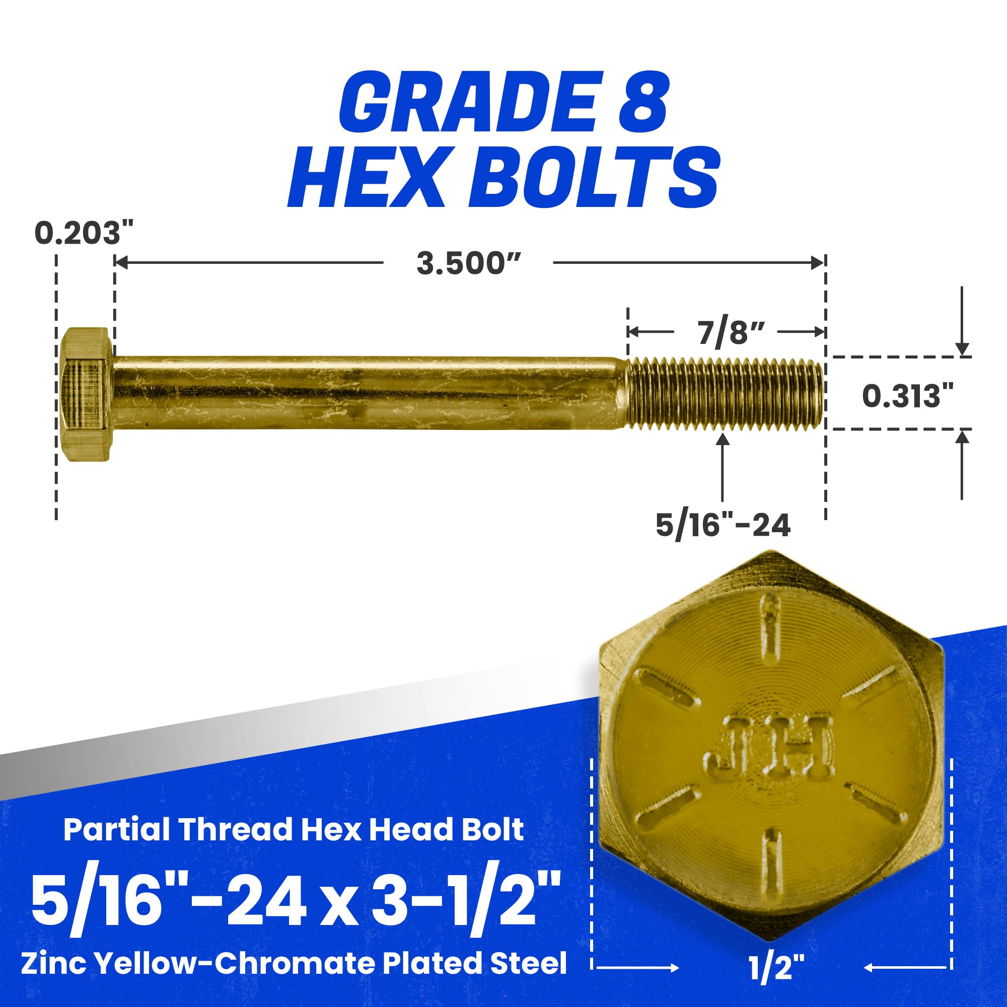 Fastenere 5/16"-24 x 3-1/2" Hex Bolts Grade 8 Zinc Yellow-Chromate Plated Steel, Partial Threaded Durable Hex Bolts for Machinery & Construction, Rust-Resistant, Heavy-Duty Fasteners, Pack of 10