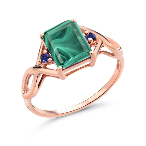 Gem Stone King 3.59 Ct Green Malachite Blue Created Sapphire 18K Rose Gold Plated Silver Ring (Size 8)