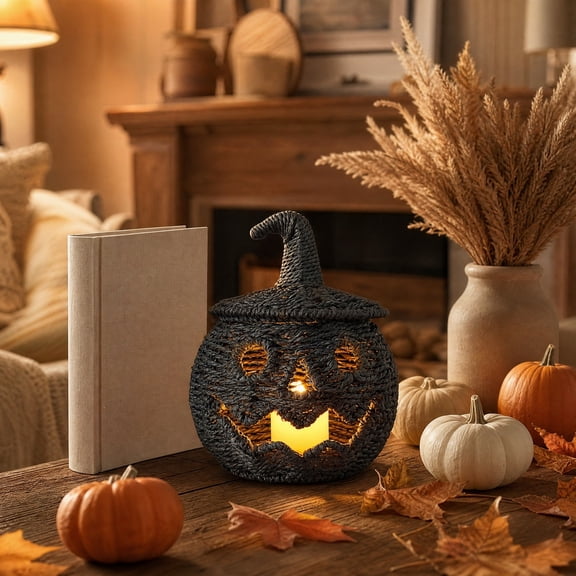 Halloween Pumpkin Decorations Indoor Black Woven Jack O Lantern Storage Basket with Lid Hollow Pumpkin Tabletop Ornament Rustic Spooky Centerpiece for Mantel Tiered Tray Farmhouse Home Decor