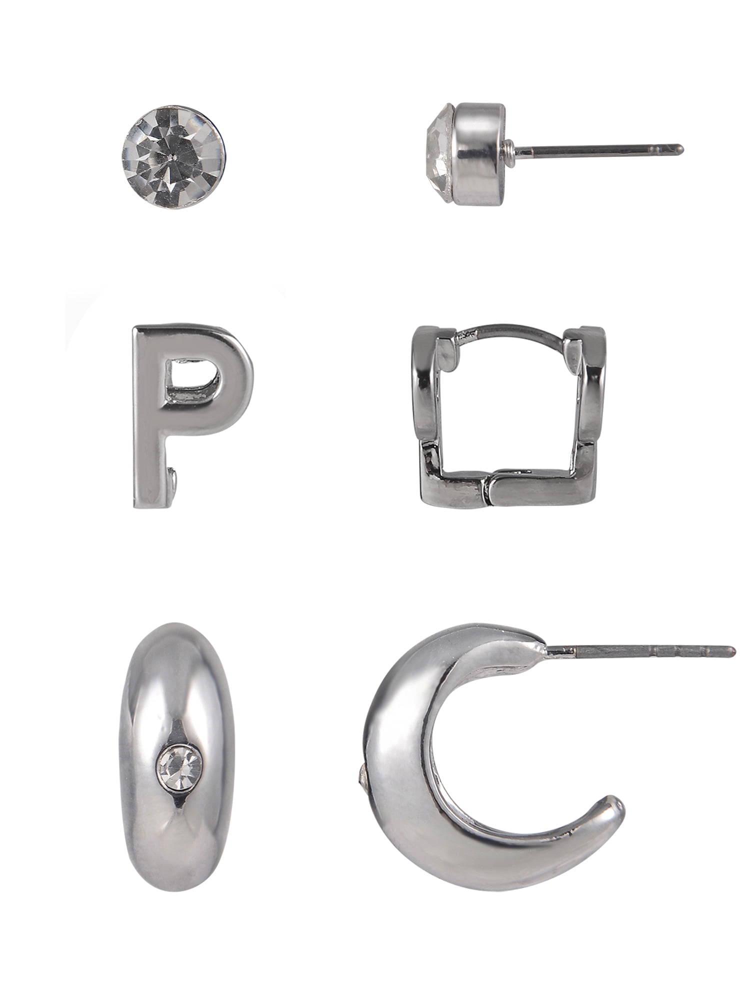 Time and Tru Silvertone 3-On Crystal Stud, Hoop, Initial "P" Earring Set