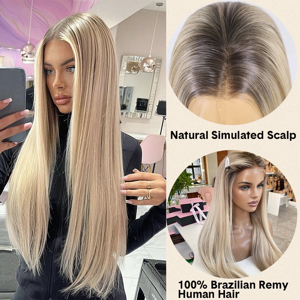 Tender Pearl Beige Blonde Highlight Roots Dark Virgin Human Hair Wigs Balayage Long Straight Wig Human Hair With Baby Hair Glueless Invisible HD Transparent Lace Front Human Hair Wigs 180% Density