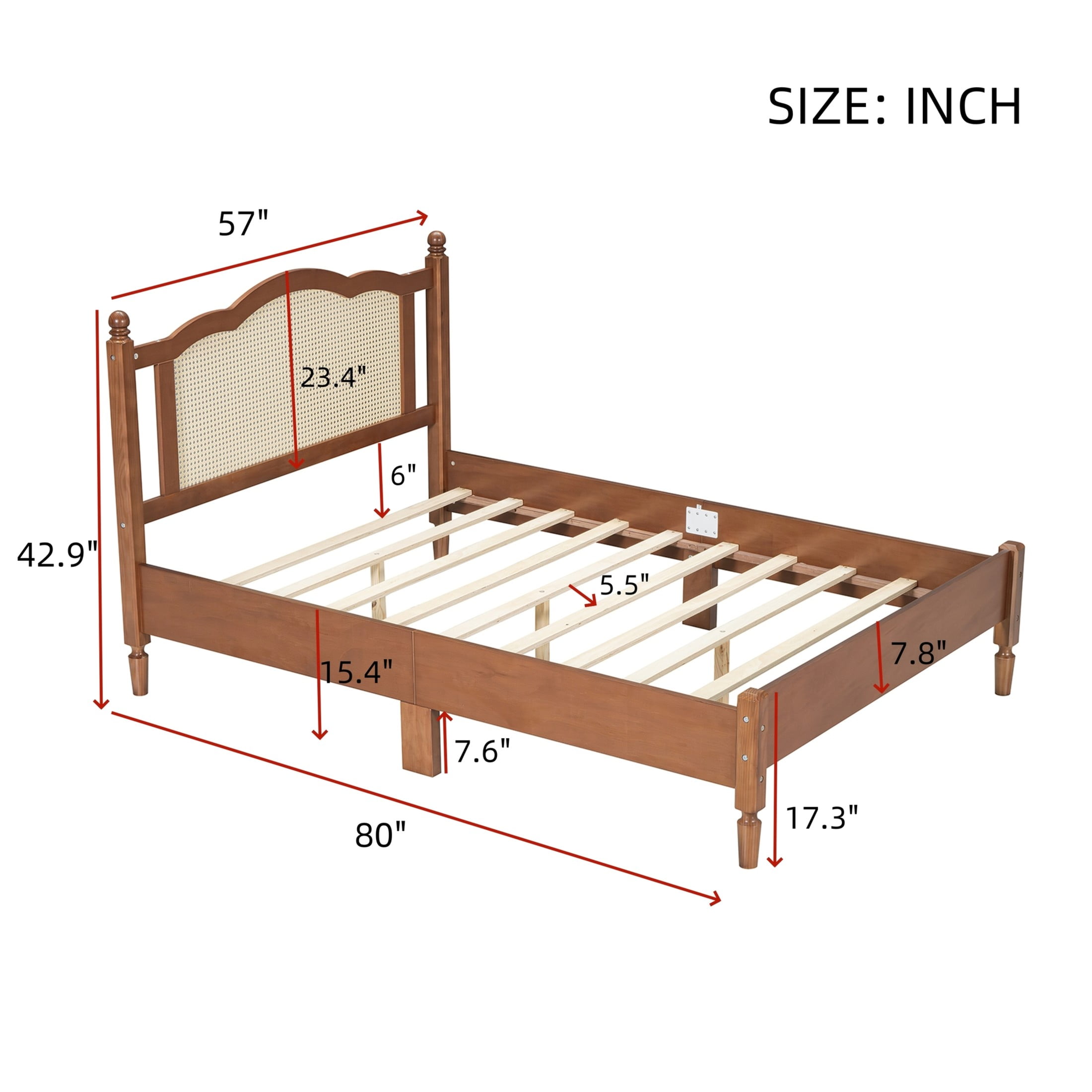 Noble House Full Size Wooden Platform Bed with Natural Rattan Headboard,Wooden Slat Support,Walnut