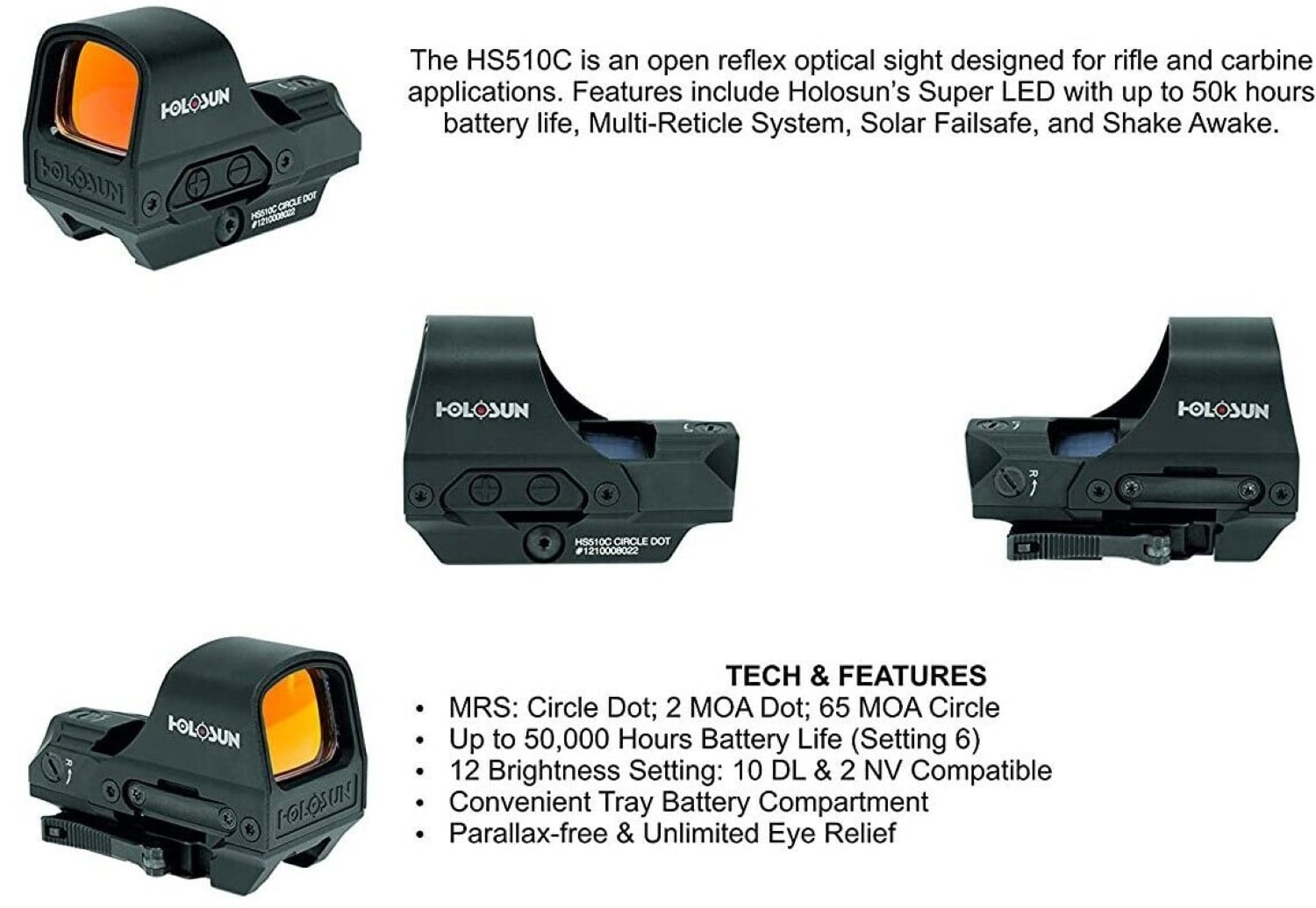 Holosun HS510C Reflex Circle Dot Solar Holographic Red Dot Sight