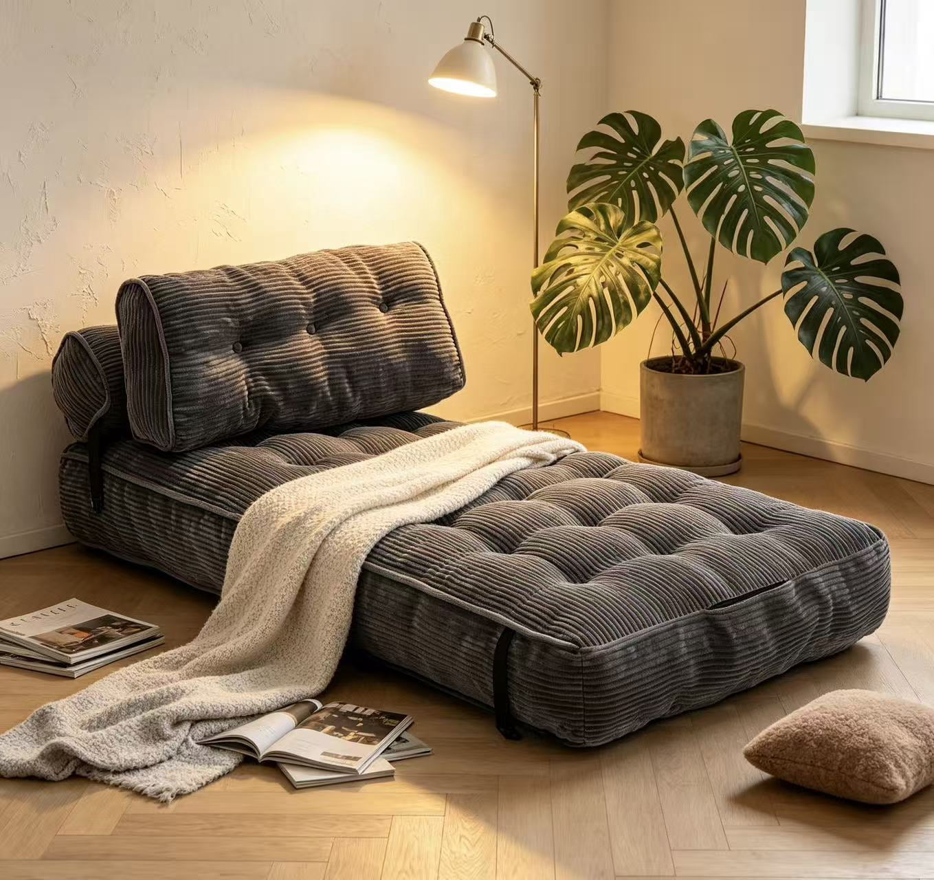 Grey Fabric Folding Sofa Bed Sleeper Chair with Pillow and Back Support for Living Room Bedroom