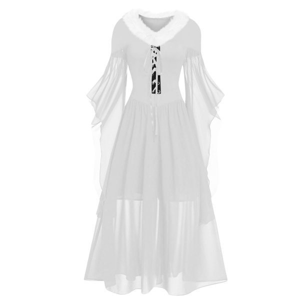 Womens Halloween Costumes 2024 Cosplay Gothic Dresses Women Casual Plus Size Cold Shoulder Dress Solid Color Lace Butterfly Sleeve Gothic Dress