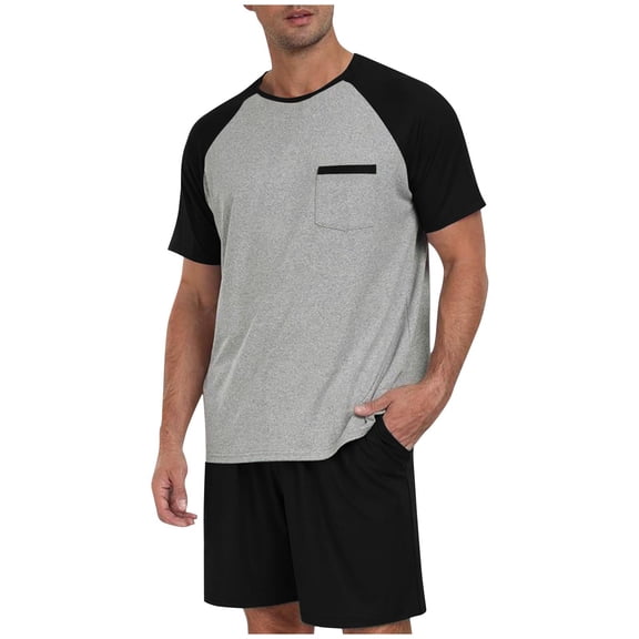 TMOYZQ Men's Pajama Sets 2 Piece Lounge Sleep Sets Color Block Soft Comfy Sleepwear Short Sleeves Tops and Shorts Pjs Set with Pockets