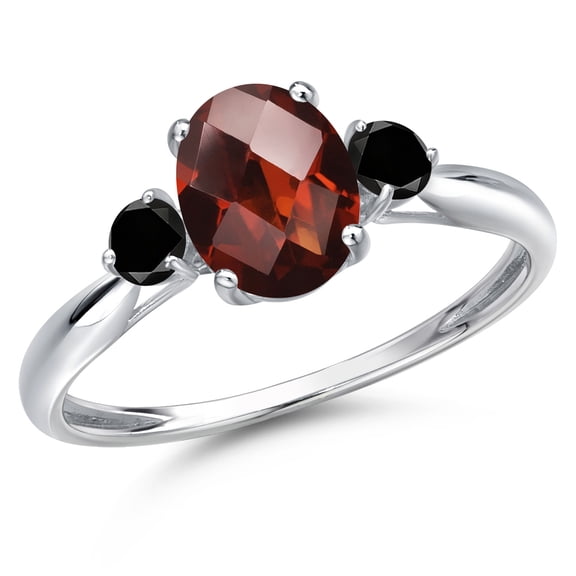Gem Stone King 10K White Gold Red Garnet and Black Diamond 3-Stone Ring for Women | 1.73 Cttw | Oval Checkerboard 8X6MM | Gemstone January Birthstone | Size 9