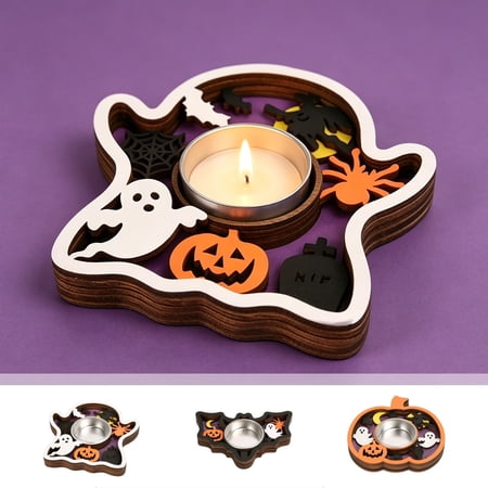 3pcs Halloween Wooden Candle Holders with Metal Cup Rustics Halloween Style Tea light Holders for Table Centerpiece Halloween Fall Party Home Decor (One each of the three types)