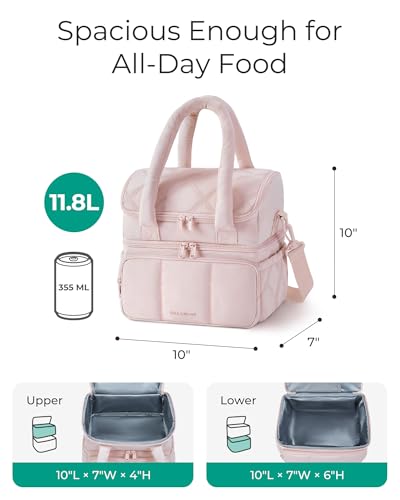 BAGSMART Lunch Bag Women, Double Deck Insulated Lunch Box, Quilted Puffer Lunch Tote, Leakproof, Durable & Reusable Large Lunch Cooler For Work Picnic Travel Meal Prep, Black