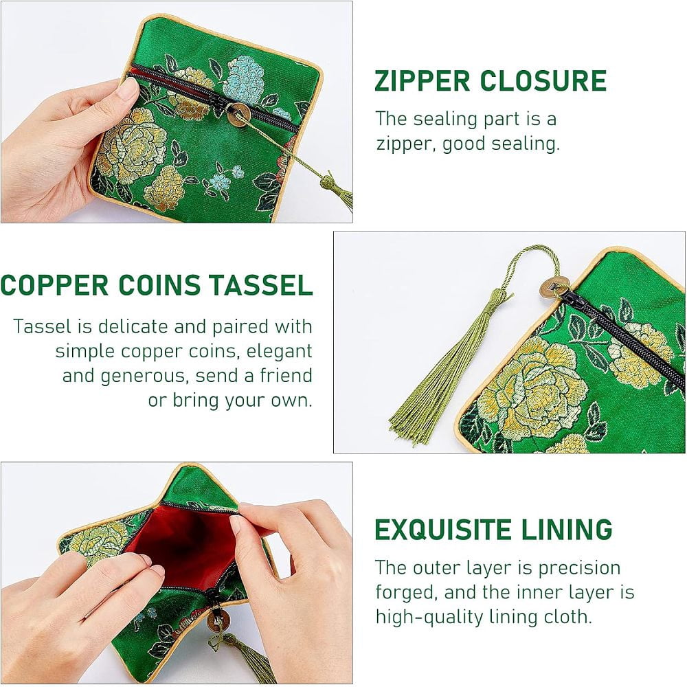 14Pcs 14 Colors Chinese Brocade Tassel Zipper Jewelry Bag Gift Pouch Square Mixed Color 11.5x11.5cm 1pc/color