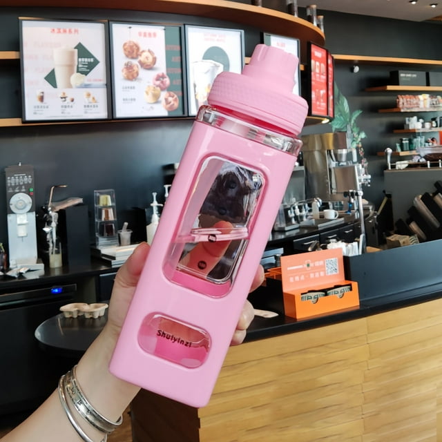 Botella de agua con pajita y marcador, 700 ml, gran capacidad, doble capa, para gimnasio en casa, escuela, color rosa