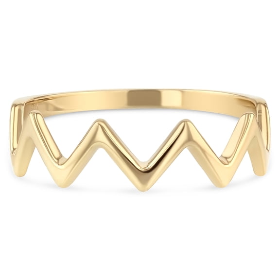 Ioka -14K Solid Yellow Gold Zig Zag Modern and Trendy Lightening Thunder Shaped Crown Stackable Ring Band - size 6