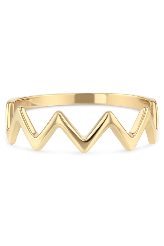 -14K Solid Yellow Gold Zig Zag Modern and Trendy Lightening Thunder Shaped Crown Stackable Ring Band - size 6