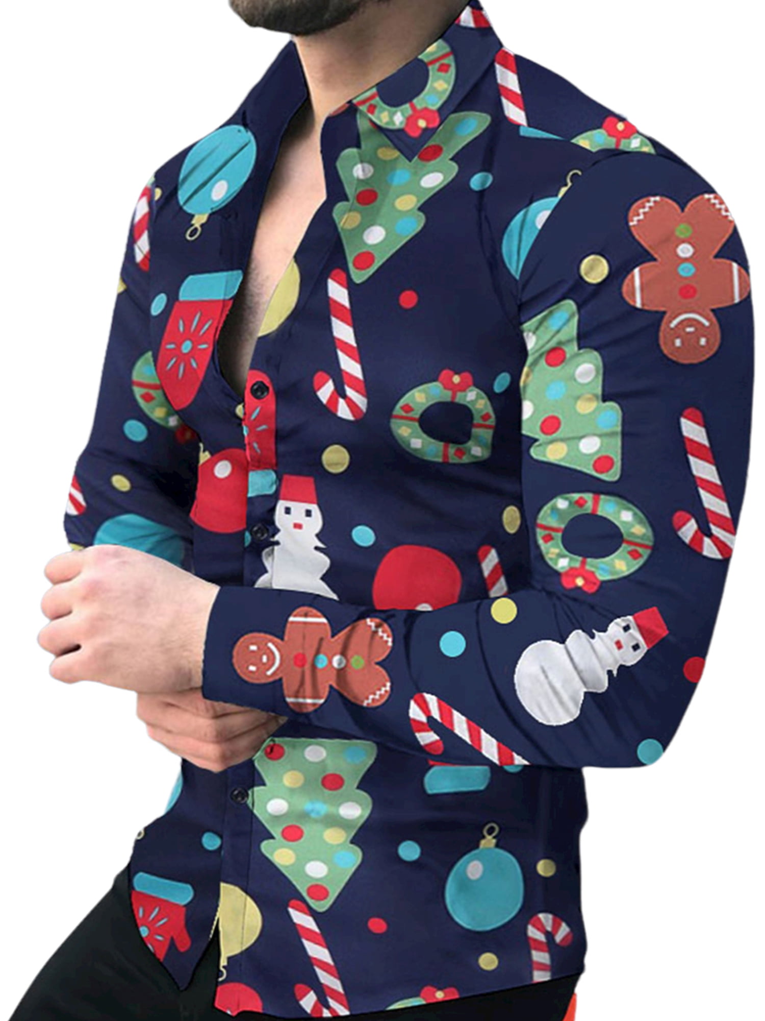 Uerlsty Mens Christmas Button Down Shirt Long Sleeve Collar Tops Xmas
