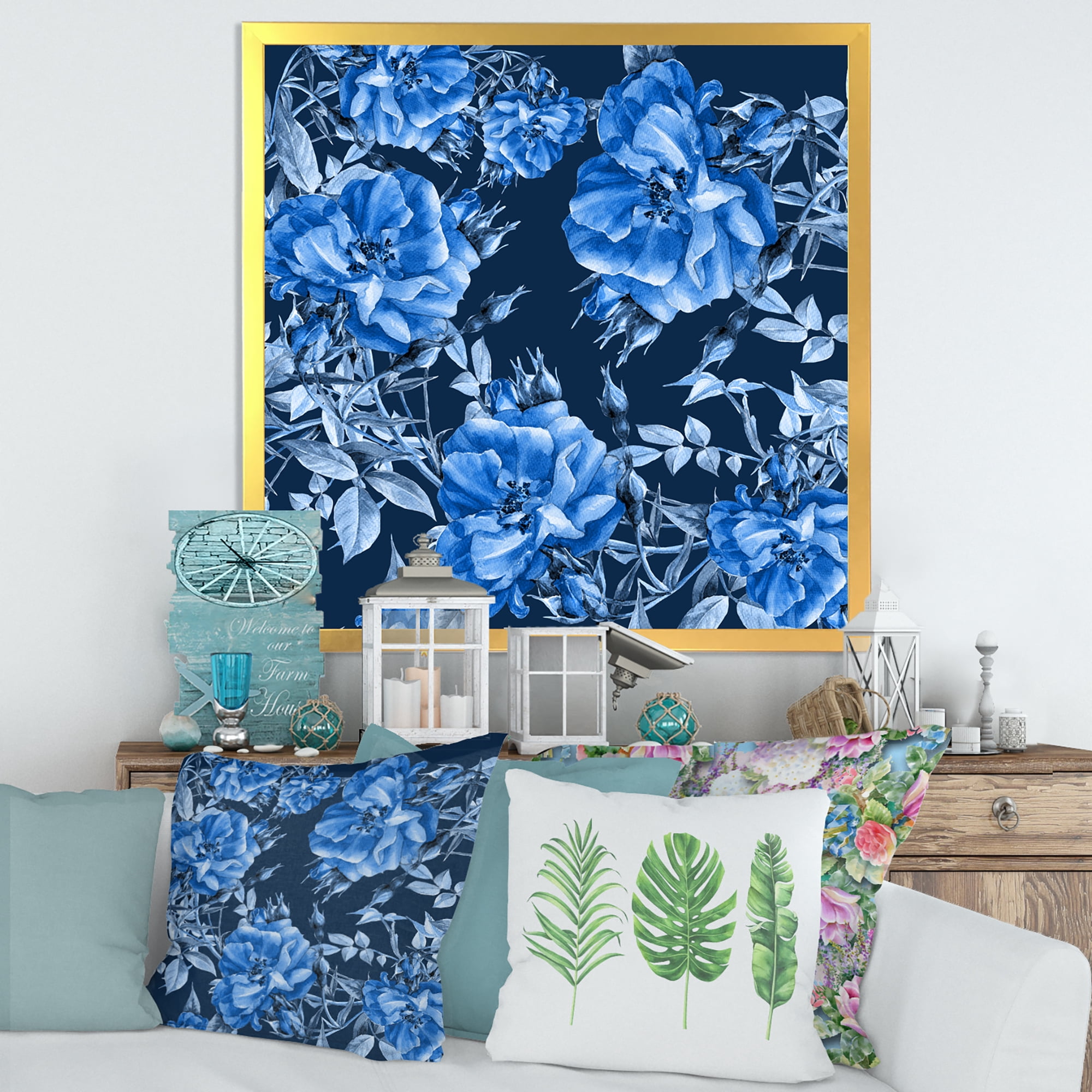 Designart 'Abstract Blue Wildflowers' Modern Framed Art Print