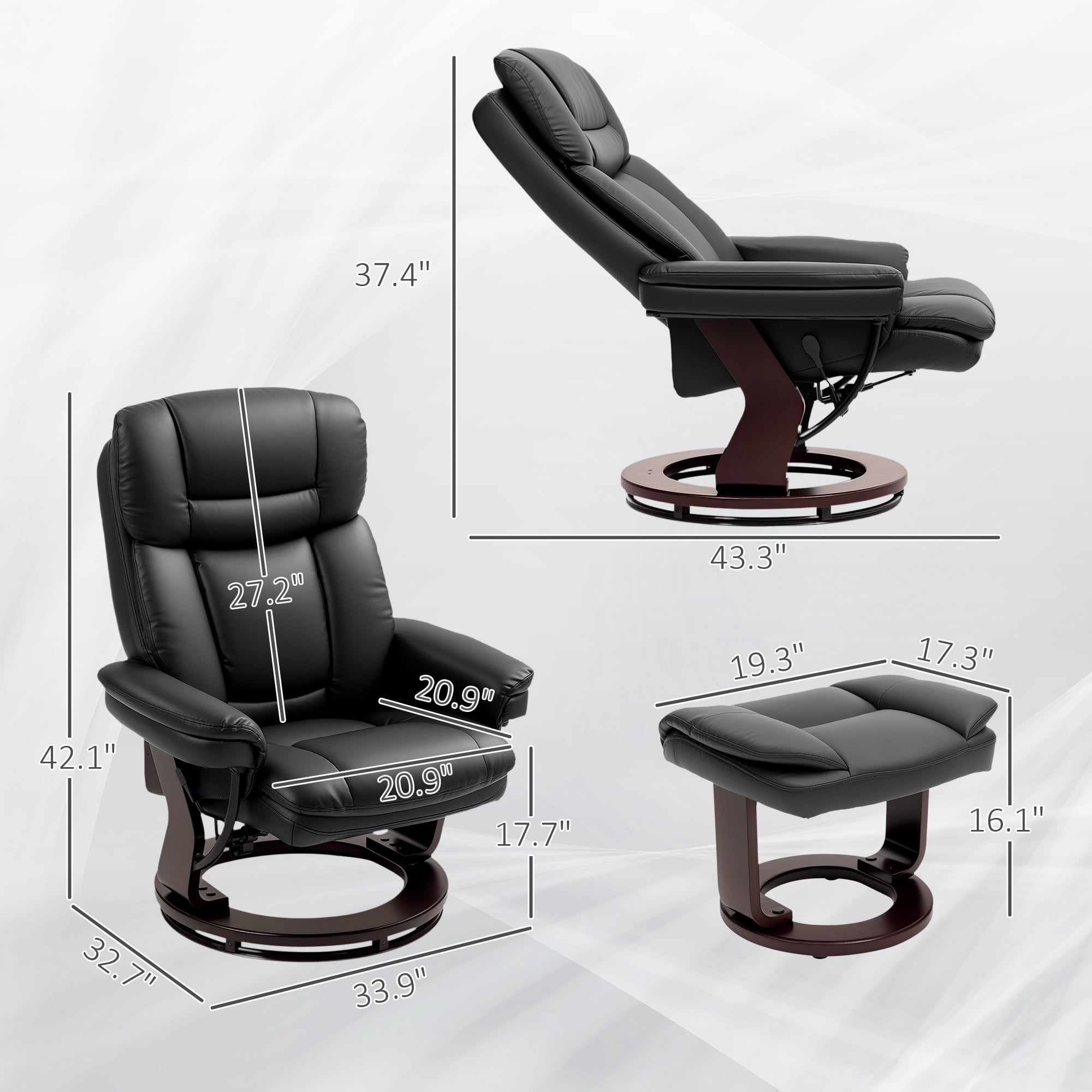 HOMCOM Swivel Recliner Chair with Ottoman, PU Leather Upholstered Reclining Chair with Footrest, for Living Room, Bedroom, Office, Black