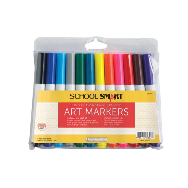 School Smart NonToxic Art Marker, Chisel Tip, Assorted Colors, Pack of