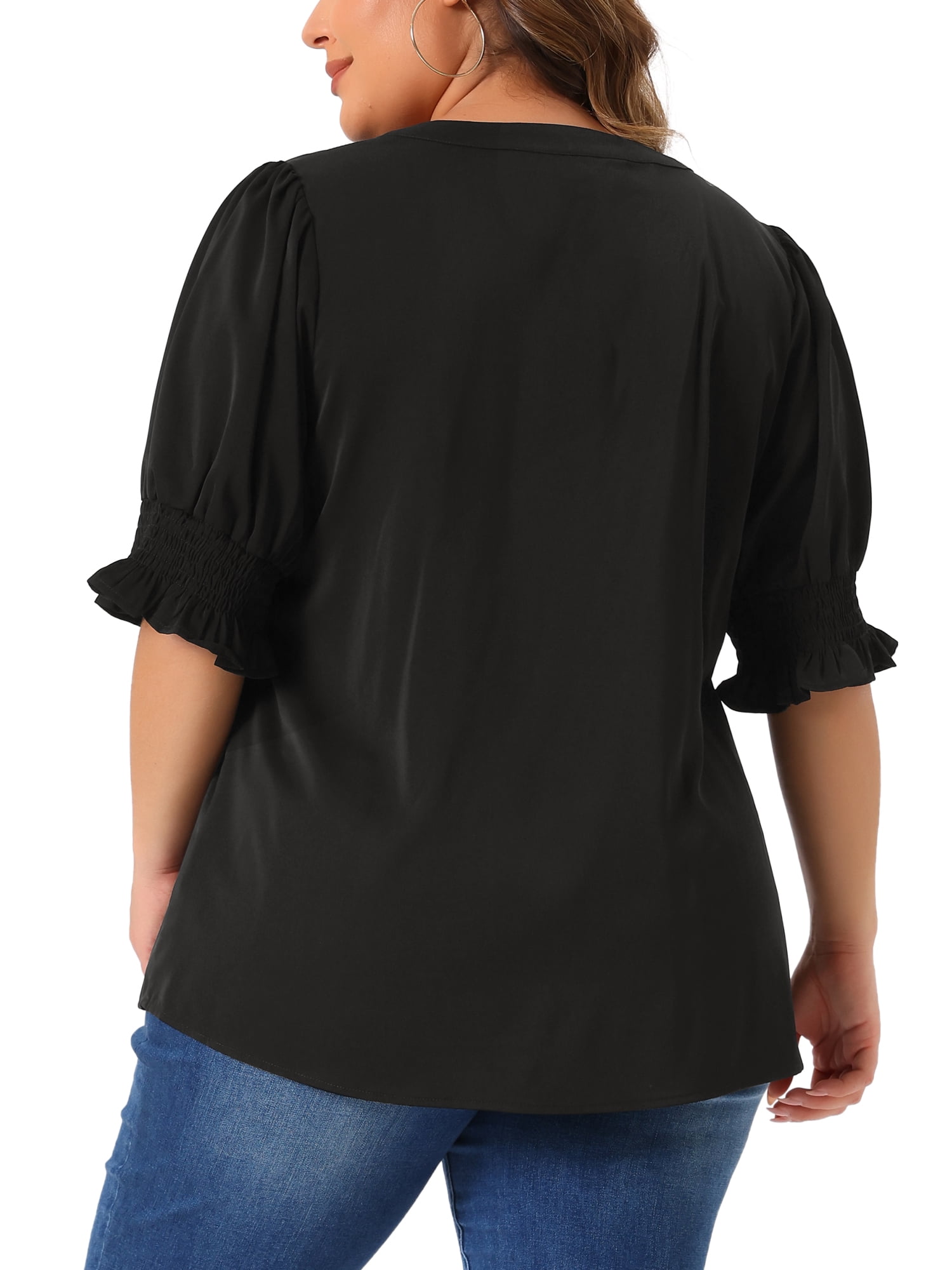 DARING DIVA Women's Plus Top Notched V Neck Puff Blouse Tops 1X Black