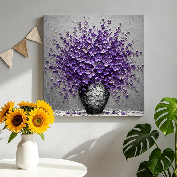 Canvas Wall Art Purple Flowers Canvas Art Print Country Vintage Boho Farmhouse Pastoral Floral Vase Wall Decor for Living Room Bedroom Artwork Decorations Stretched Framed Ready to Hang 16"x16"