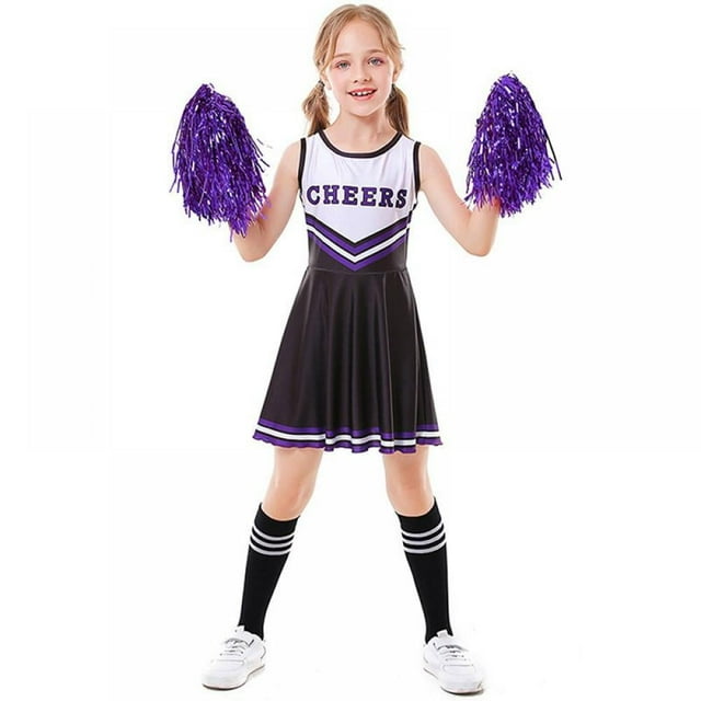 Girls Kids Cheerleader Uniform Dance Dress with Knee Socks Match Pom poms Set