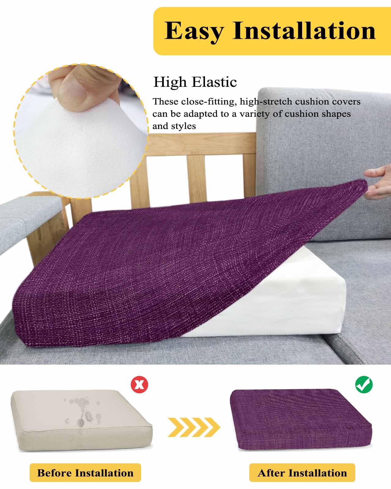 Purple Burlap Texture Couch Cushion Covers Stretch, Washable Sofa Seat Covers Individual Seat Cushion Sofa Slipcovers Farmhouse Vintage Purple Couch Cover Furniture Protector S-3PCS