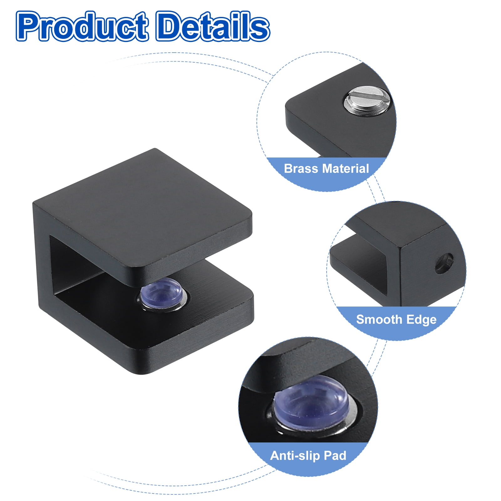 6Pcs Glass Shelf Brackets, Adjustable Solid Brass Glass Shelf Bracket, Wall Mount Glass Shelf Holder Fixture Glass Clip for 8-10mm(0.31"-0.39") Glass, Black