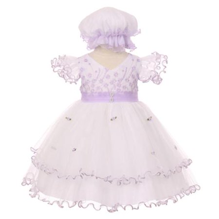 - Baby Girls Lilac Floral Embroidery Jewel Ruffle Bonnet Flower Girl Dress 12M