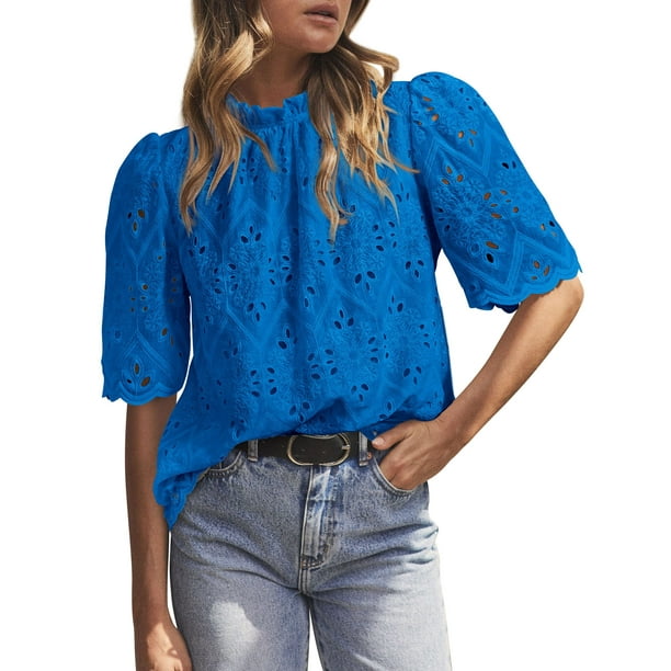 Blusa PRETTYGARDEN de verano con ojales bordados azul XXL para mujer