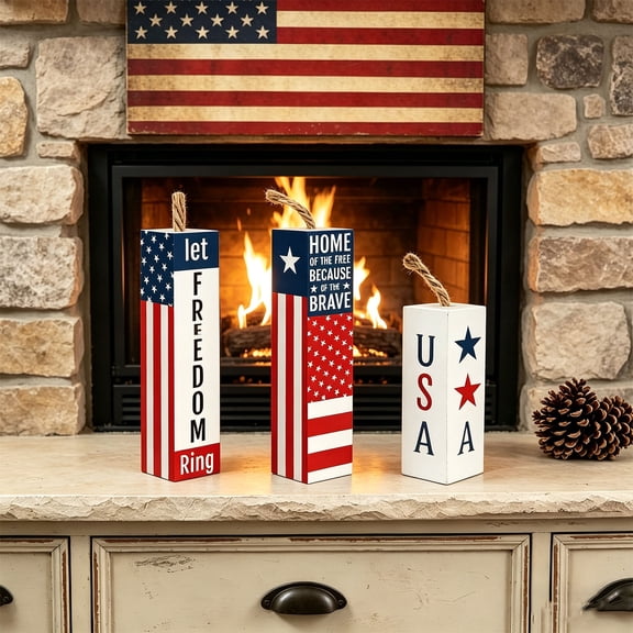 erdimoy 4th of July Patriotic Wooden Firecracker Decor Set, Red White Blue Stars & Stripes Tiered Tray Decor