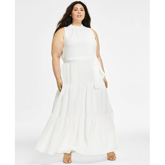 Plus Size Belted Textured Tiered-Skirt Dress Bright White 22W