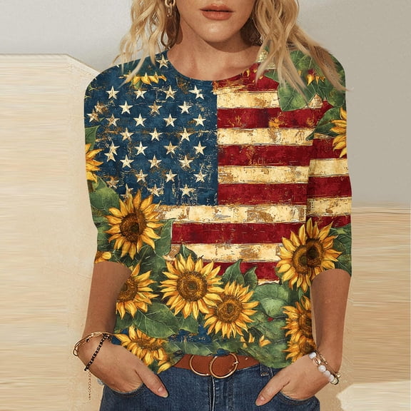 Cavosen Patriotic Tops for Women Independence Day 3/4 Sleeve Round Neck T Shirts American Flag Graphic Tops Lady XL 4th of July Casual T Shirts Red White and Blue Tunic Tees Patriotic Blouses