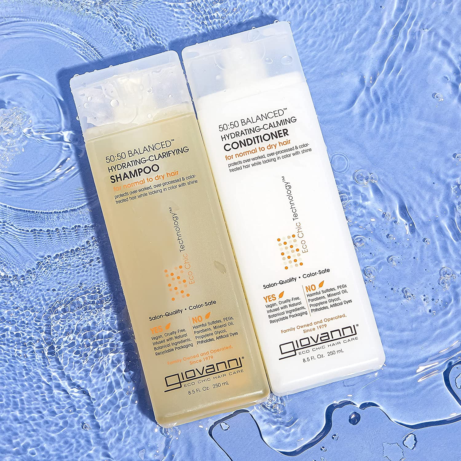 Giovanni 50:50 Balanced Hydrating Clarifying Shampoo & Calming Conditioner Set, 8.5 oz. Leaves Hair Clean & Moisturized, For Over-Processed, Stressed Hair, Aloe, Sulfate Free, Paraben Free, Color Safe