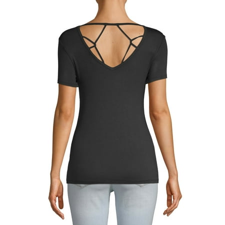 Juniors' Scoop Neck Caged Back Tunic T-Shirt