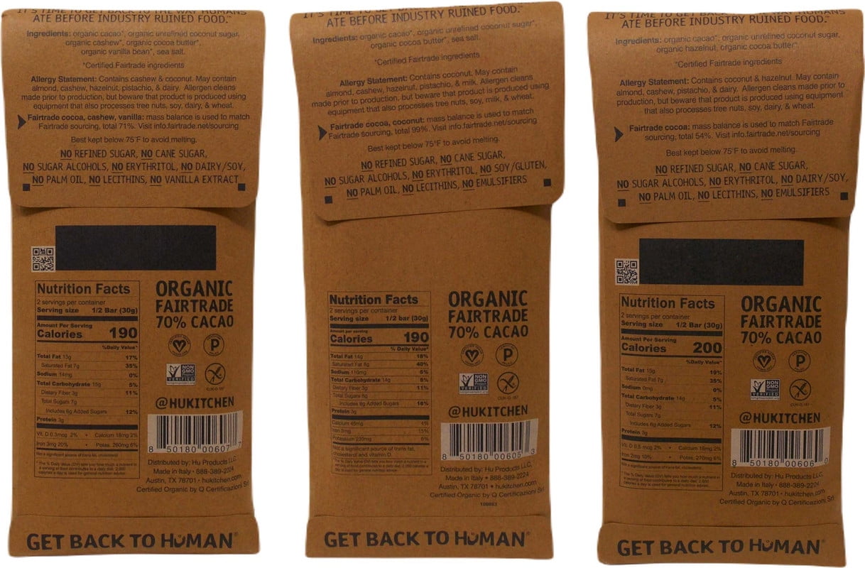 Gourmet Dark Chocolate Bars 3 Flavors (1) Each: Cashew Butter Pure Vanilla Bean, Salty, Hazelnut Butter (2.1 Ounces) MerlinsMart Zine | Hu Organic